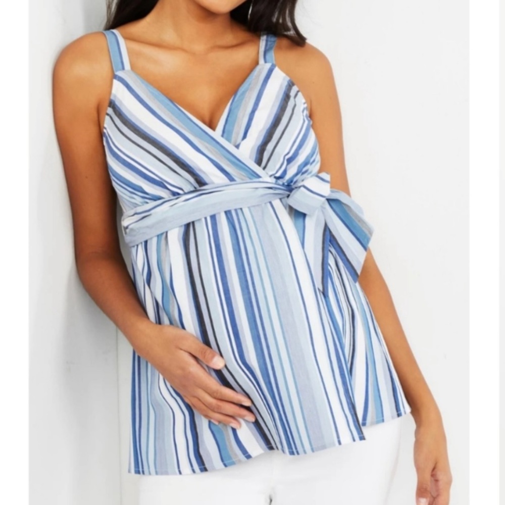 NWT Motherhood Maternity Blue Striped Belted V-neck Sleeveless Top
